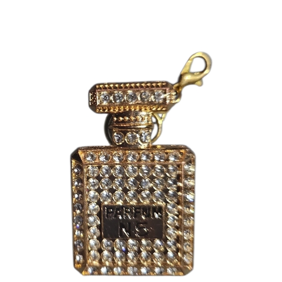 Accessories - Rhinestone Perfume Bottle Charm Pendant - Gold Tone